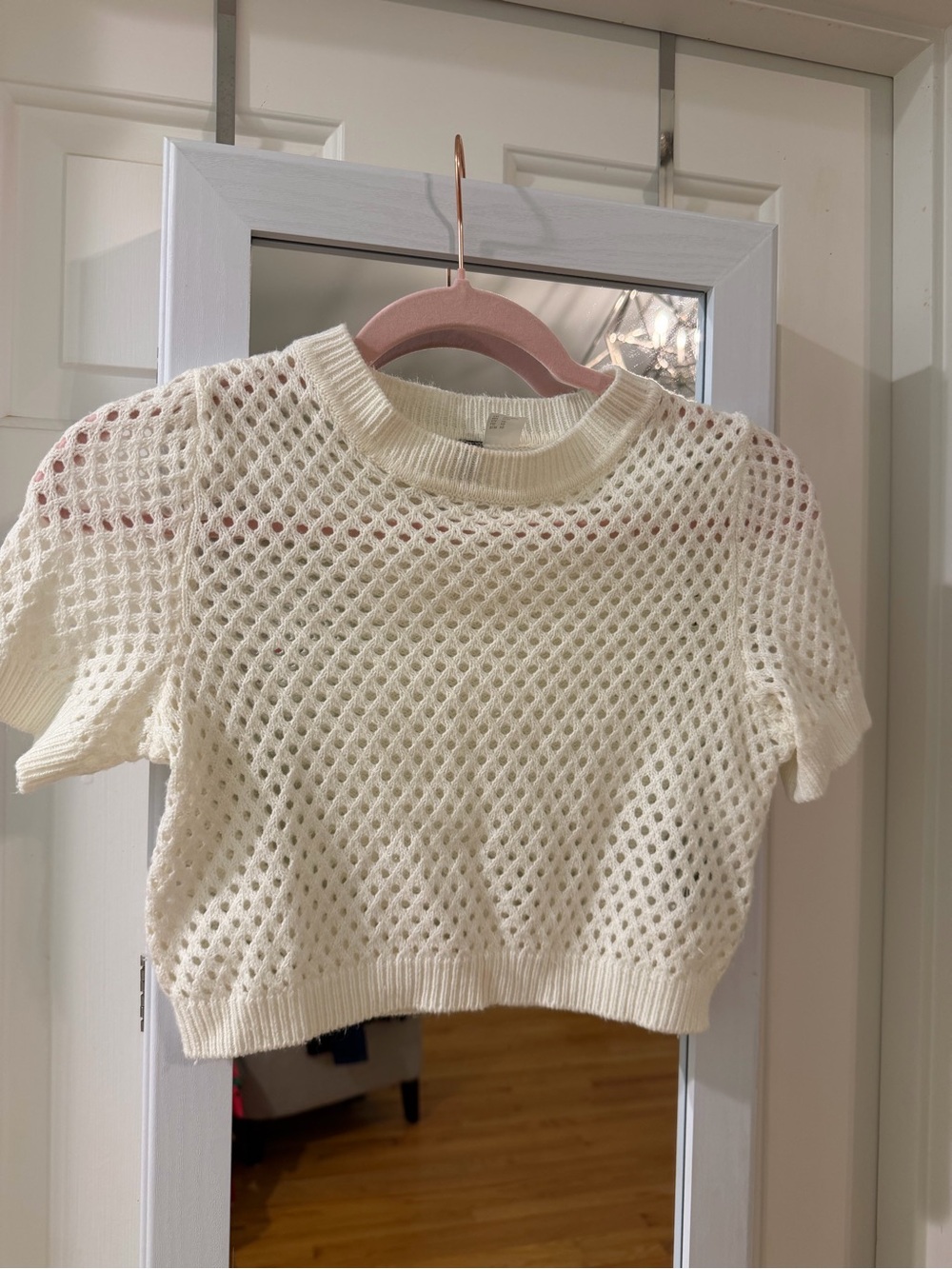 Cream Open-Knit Cropped Short-Sleeve Sweater